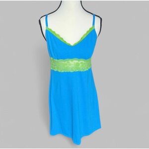 Vintage Y2K Victoria's Secret Blue and Green Lace‎ Lingerie Slip Dress